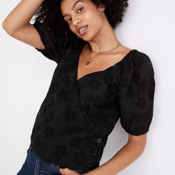Madewell Puff Short Sleeve Wrap Top Blouse in Floral Jacquard Black - Picture 1 of 6